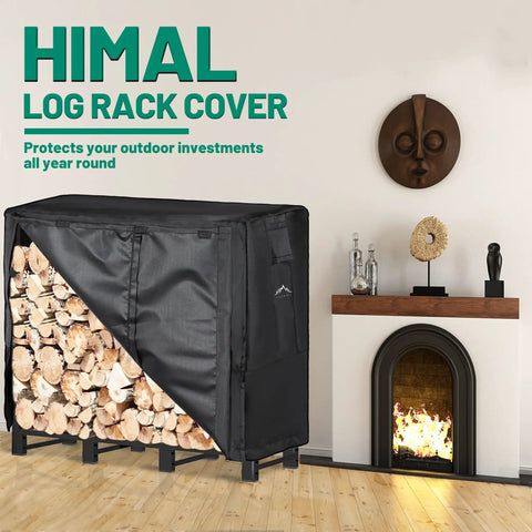 8Ft Firewood Rack Cover Waterproof Ultra Tough 600D Oxford Canvas with buckle straps, covering logs in indoor setting.