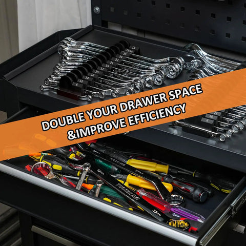 52 Piece Modular Wrench Organizer Set For Tool Drawers With Metric And SAE Labels Black Finish Wrench Rack