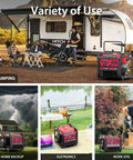 Dual Fuel Portable Inverter Generator 4400-Watt, Gas Powered With CO Sensor next to RV, picnic, and work site