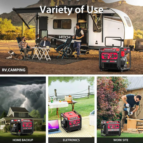Dual Fuel Portable Inverter Generator 4400-Watt, Gas Powered With CO Sensor next to RV, picnic, and work site