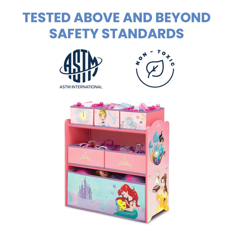 Disney Princess Six Bin Toy Storage Organizer For Kids, pink with princess graphics, meets safety standards.