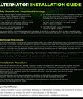 Guide for alternator installation with safety, removal, and installation instructions in green and black theme.