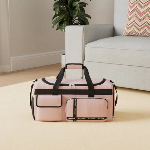 Three In One Travel Gym Bag Set For Women, Large Carry On Duffle Tote With Shoe Compartment, Wet Dry Separation, Pink on floor