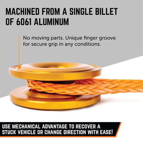 G.O.L.D. Snatch Recovery Ring For Off Road Recovery, 48,000 Lbs MBS, 24,000 Lbs WLL, made of 6061 aluminum with orange synthetic rope