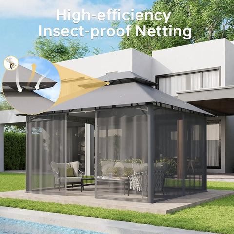 12 By 10 Foot Gazebo With Double Roof And Mosquito Netting For Outdoor Parties Heavy Duty Backyard Patio Tent With Zipper Screens Includes Wind Ropes And Expansion Bolts Gray installed by poolside