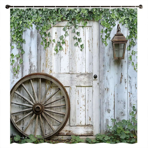 Rustic Barn Door Shower Curtain With Weathered Wood Plank Print Farmhouse Country Retro Vibe Polyester Fabric 70 By 70 Inches Vintage Wagon Wheel Lantern Design Lodge Western Decor For Bathroom