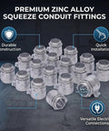 Heavy Duty Zinc Alloy Squeeze Connector 3/4 Inch Conduit Coupling Drop In Ready Design in multiple angles on a dark background.