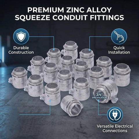Top Tier Squeeze Connectors For Electrical Conduit Three Quarter Inch Zinc Alloy 20 Pack displayed in a grouped arrangement.
