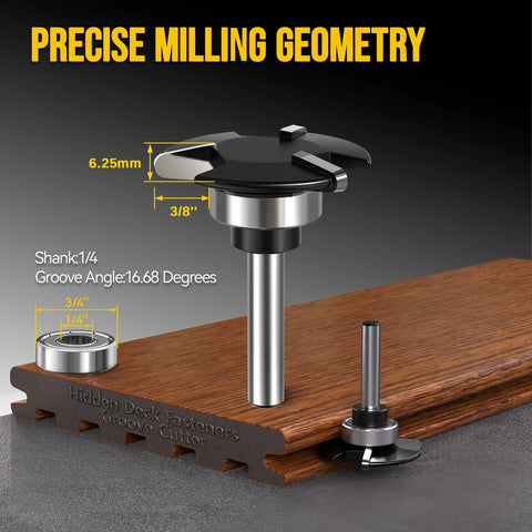 Hideaway Groove Router Bit For Composite Decking Cuts Sleek Hidden Fastener Slots Fits All Major Deck Lines And Installs Tight Hidden Connectors Smooth As Butter Square Edge Boards The Real Deal close-up view with precise measurements on a wooden deck board