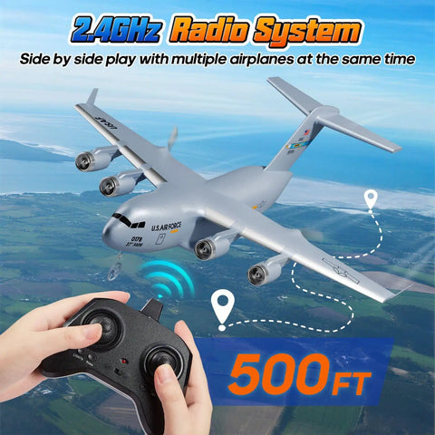 Hands holding remote control flying Ready to Fly RC C-17 Globemaster III Plane With 6 Axis Gyro Stabilizer over scenic landscape.