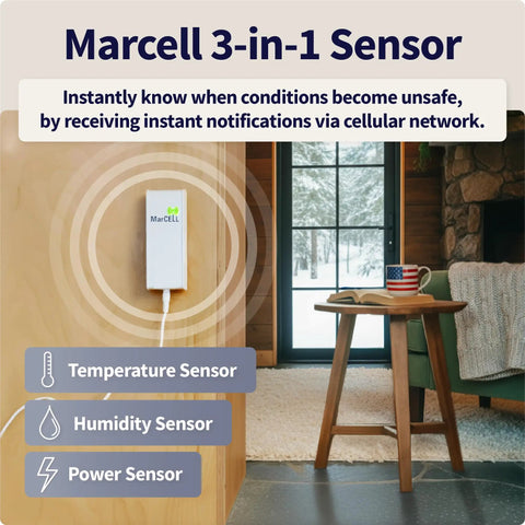 Cellular Temperature Humidity And Power Monitor For Homes And Remote Sites With 24 Seven Monitoring And Instant Alerts Made In USA Verizon Compatible For RVs Pet Safety Monitoring Second Homes And Greenhouses wall-mounted in cabin