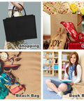 Collage showing uses of Six Pack Black Burlap Tote Bags With Big Handles And Inner Zipper Pocket for shopping, gifts, beach, books.