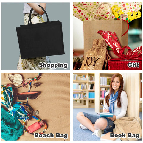 Collage showing uses of Six Pack Black Burlap Tote Bags With Big Handles And Inner Zipper Pocket for shopping, gifts, beach, books.