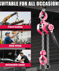 Mini Lever Hoist Half Ton 1100 Lbs Capacity 10 Ft Lift Portable Aluminum Ratchet Chain Hoist Pink, used for lifting in truck loading and repairs