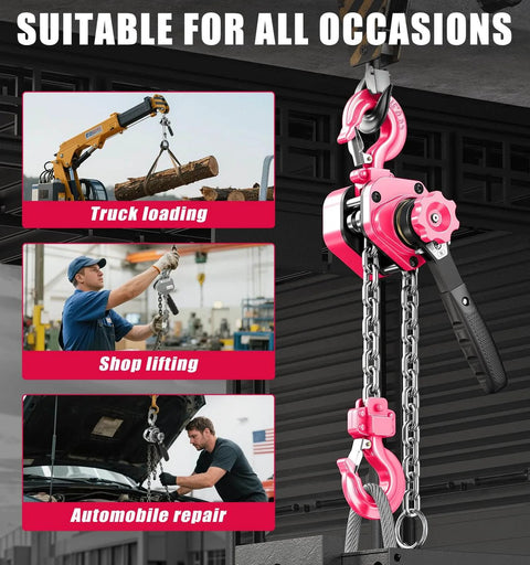 Mini Lever Hoist Half Ton 1100 Lbs Capacity 10 Ft Lift Portable Aluminum Ratchet Chain Hoist Pink, used for lifting in truck loading and repairs