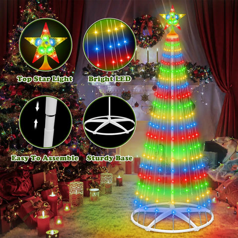 Colorful LED Christmas light tree with star, sturdy base, illustrating easy setup, in a festive room with decorations.