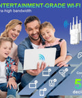 Family using Long Range Home WiFi Extender Delivers 15888 Sq Ft Coverage Beats 55 Devices Mesh Ready Repeater 1 Tap Setup