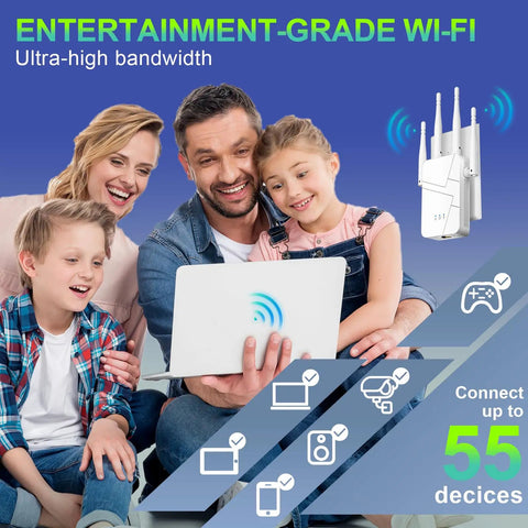 Family using Long Range Home WiFi Extender Delivers 15888 Sq Ft Coverage Beats 55 Devices Mesh Ready Repeater 1 Tap Setup