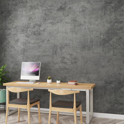 Peel And Stick Wide Gray Concrete Wallpaper Thickened Matte Vinyl Wall Covering Waterproof And Oil Resistant Cement Texture for Home Office Store Rental Industrial Look behind desk.
