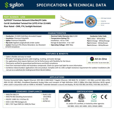 Specifications and technical data sheet for Cat6e Ethernet Cable For Indoor Outdoor Use From 50 Ft To 1000 Ft Range 600MHz 23AWG Solid Bare Copper Wire Heat Resistant Riser Rated CMR Network Cable Built For High Speed And Safe Home Or Office Installations
