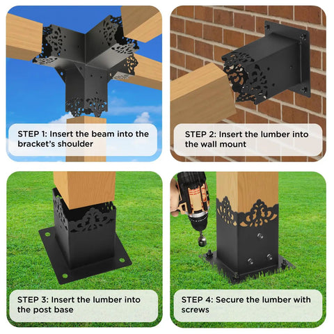 Beefy Heavy Duty Pergola Bracket Kit With 15 Degree Slanted Roof Wall Mount, Weatherproof Metal Extension Bracket For 4x4 Posts Raised Wood Shelving Support Inner 3.5x3.5 Inches Easy Mount