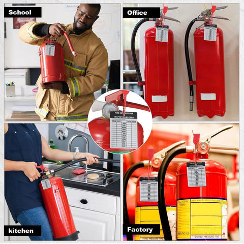 Heavy Duty Aluminum Fire Extinguisher Tags Bulk Pack Featuring Monthly 2026 To 2029 Dates used in school, office, kitchen, and factory inspections.