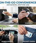 Anti-Fog Lens Wipes; 160-count; pre-moistened; for glasses, cameras; shown on laptop screen, camera lens, sunglasses.
