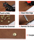 Leather Hole Punch Tool Kit With 240 Rivets Red Handled Rotary Belt Punch For Leatherwork Belts Straps Pet Collars Shoes Saddles Canvas And DIY Projects With Multiple Hole Sizes showing step-by-step usage instructions on leather material.