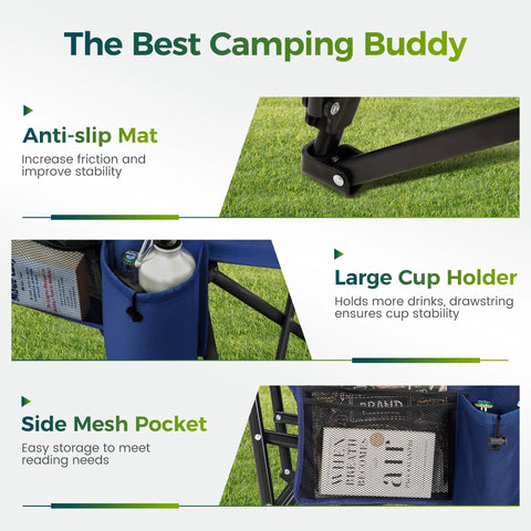 Oversized Folding Camping Chair With High Back Support Heavy Duty Lawn Chair With cup holder, side pocket, and anti-slip mat