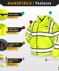 Bomber Hi Viz Safety Jacket For Men With Class 3 Water Resistance ANSI OSHA Approved Multi Use Rugged Work Gear In Yellow 2XL