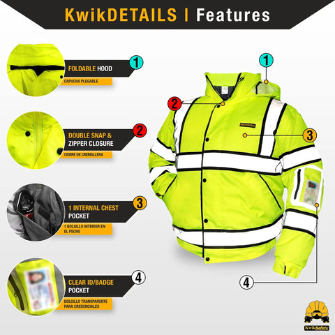 Bomber Hi Viz Safety Jacket For Men With Class 3 Water Resistance ANSI OSHA Approved Multi Use Rugged Work Gear In Yellow 2XL
