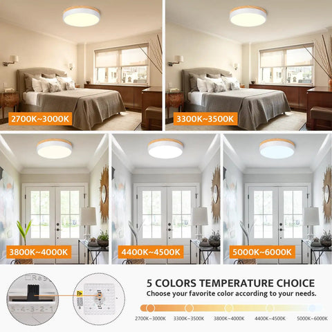 Dimmable Wood Flush Mount Ceiling Light With Round Minimalist Design Five Color Temperatures 2700K To 6000K LED display