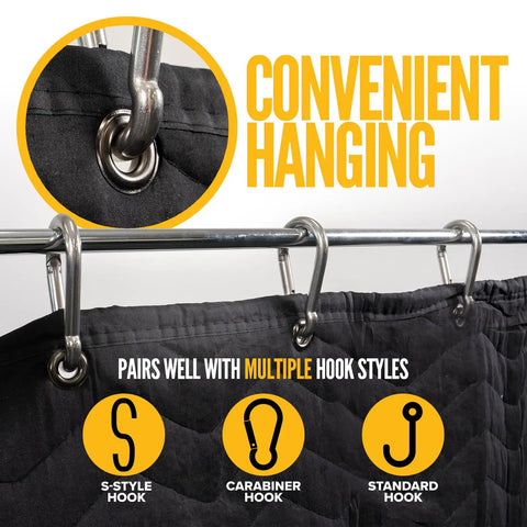 Massive Studio Ready 96 By 80 Inch Sound Dampening Blanket With Grommets shown with hooks for convenient wall hanging.