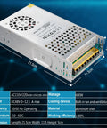48V 600W DC Switching Power Supply With Universal 110V And 220V AC Input For LED Light Strips, Lighting Equipment, CCTV Cameras And PC Builds Regulated High Efficiency Safe Peak Power, aluminum shell, product dimensions displayed