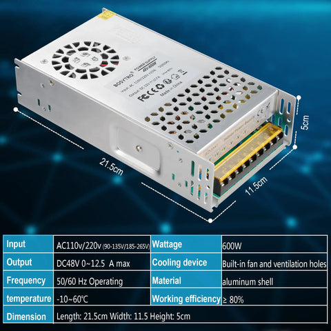 48V 600W DC Switching Power Supply With Universal 110V And 220V AC Input For LED Light Strips, Lighting Equipment, CCTV Cameras And PC Builds Regulated High Efficiency Safe Peak Power, aluminum shell, product dimensions displayed