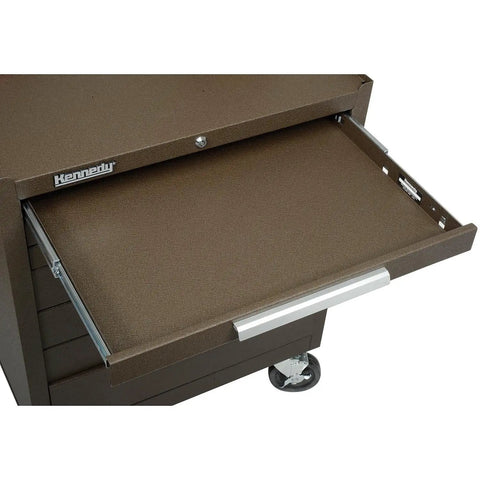 Close-up of a brown drawer in 7-Drawer Rolling Tool Cabinet On Wheels With Chest, Brown Wrinkle Finish, Ball Bearing Slides, Built Tough Heavy Gauge Steel, Raised Edge Top, Locking Drawers With Tubular Lock And 2 Keys