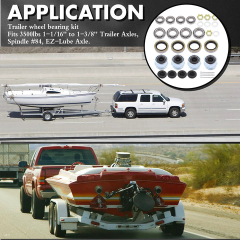 Trailer bearing kit, 4 sets with 1.98in dust covers and seals; circular kit inset on banner with a boat trailer on highway