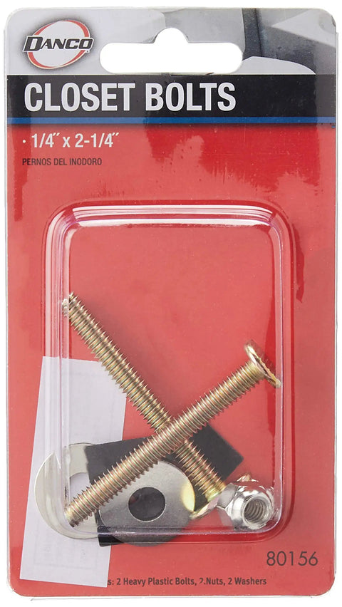Brass Closet Bolt Set With Nuts And Washers For Toilet Mount 1/4 Inch By 2-1/4 Inch Durable Brass Construction in packaging.
