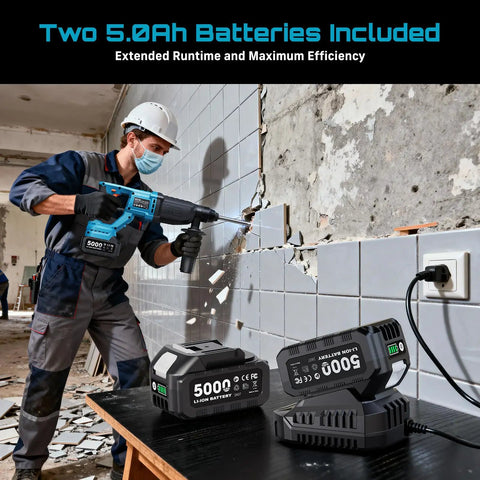Cordless SDS-Plus Rotary Hammer Drill With 2x5.0Ah Batteries in use on wall demolition