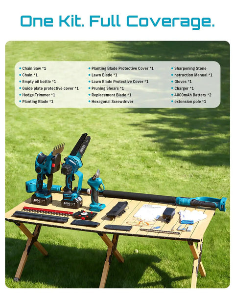 Cordless 8 In 1 Garden Tool Kit With Long Reach Pole Saw Hedge Trimmer Pruner And Grass Shears 4000mAh Battery displayed on table