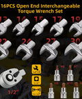 Pro Grade Interchangeable Torque Wrench Set With 14mm x 18mm Open End, 1/2 Inch Ratchet Head, 16-piece chrome vanadium kit.