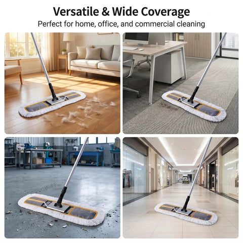 Heavy Duty 24 Inch Commercial Dust Mop Featuring Plush Absorbent Microfiber Pad For Quick Wet Or Dry Floor Cleaning Bulletproof Workhorse Gear For Pros in various cleaning settings.