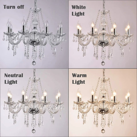 10 Light K9 Crystal Chandelier in Silver Finish showcasing different lighting effects: off, white, neutral, warm.