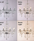 Comparison of 12 Lights K9 Crystal Chandelier Pendant Ceiling Light in Silver for Dining Room with various lighting effects.