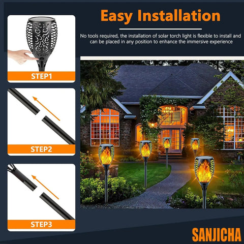 8 Pack Solar Flame Stakes Outdoor Lights With Lit Flickering Fire Effect Waterproof LED on a garden path with installation steps