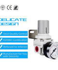 1/4 Inch NPT Air Regulator With Gauge For Compressed Air Systems, Locking Knob For Precise Control, Steel Protected Gauge