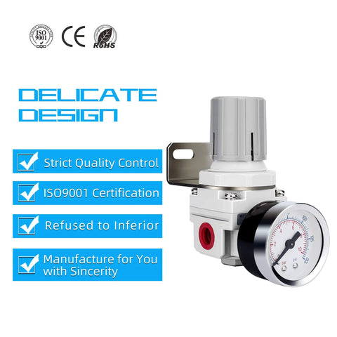 1/4 Inch NPT Air Regulator With Gauge For Compressed Air Systems, Locking Knob For Precise Control, Steel Protected Gauge