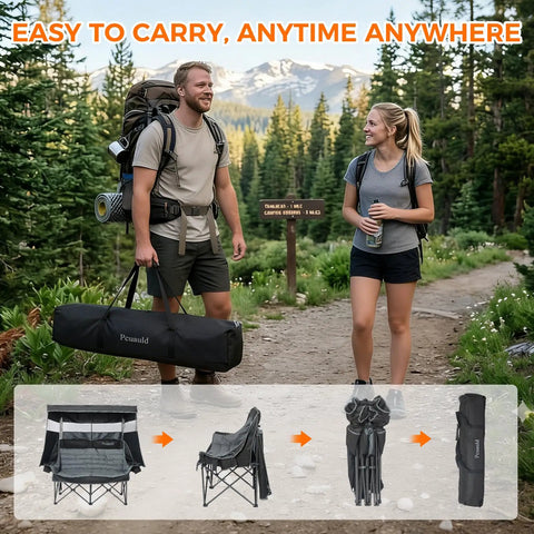 Hikers carrying Double Camping Chair With Adjustable Canopy Shade Heavy Duty Two Person Folding Loveseat in a bag
