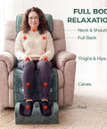 Woman using Ultimate Full Body Massage Mat with heat and detachable neck massager, showing full body relaxation points on recliner.