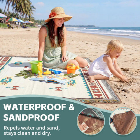 2 In 1 Extra Large Boho Beach Blanket Towel Giant Woven Outdoor Picnic Mat For Camping And Travel on beach with family